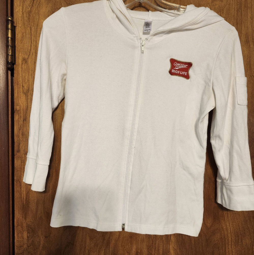 TT White Long Sleeved Full Zipper in Front Hooded  Miller Sweatshirt Size Small
